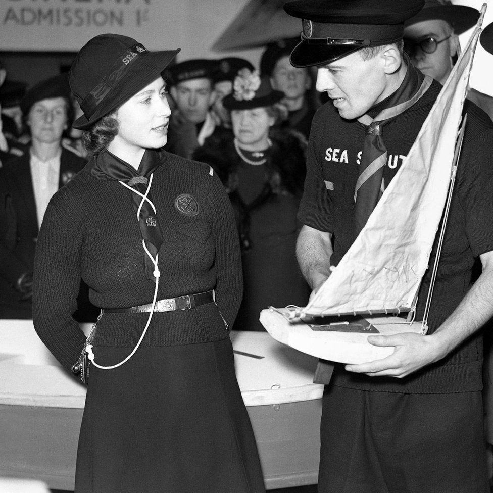 Princess Elizabeth visiting the National Sea Scouts Exhibition at the London Scottish Headquarters in Buckingham Gate