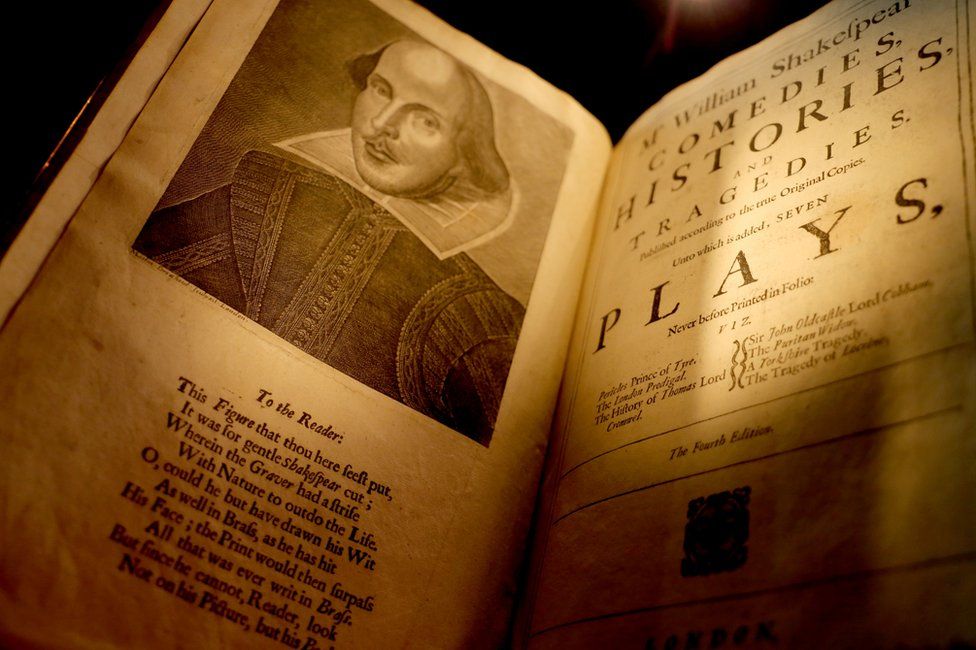 Fourth folio pages with Shakespeare engraving