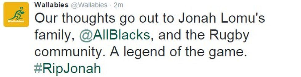 Our thoughts go out to Jonah Lomu's family, @AllBlacks, and the Rugby community. A legend of the game. #RipJonah