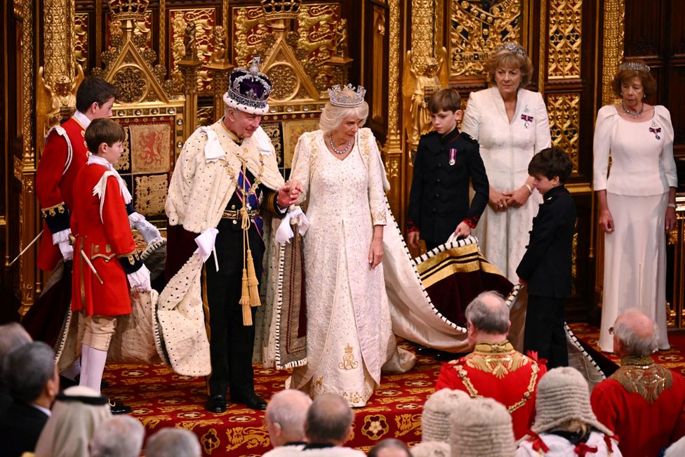 Britain's King Charles III and Queen Camilla prepare to depart following the State Opening of Parliament in the House of Lords Chamber, in London, Britain, November 7, 2023.