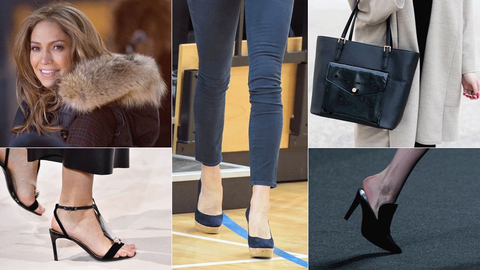 Furry hood, skinny jeans, large handbag, mule, high heels