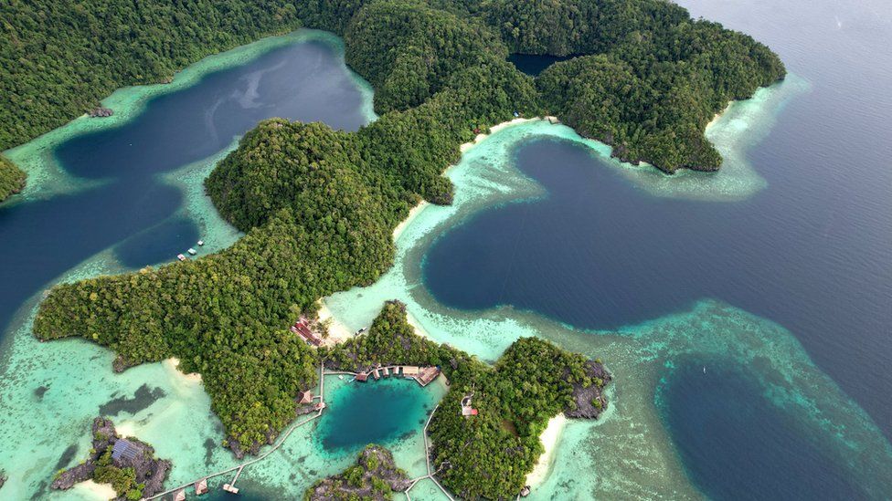 Aerial shot of land and sea around Labengki Island