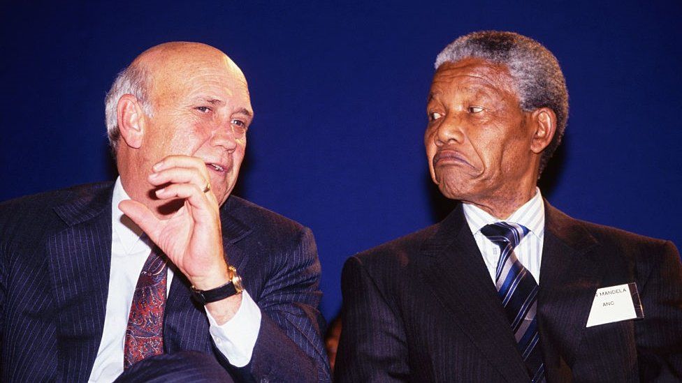 Nelson Mandela and President F. W. de Klerk at peace signing ceremony during pre-election violence
