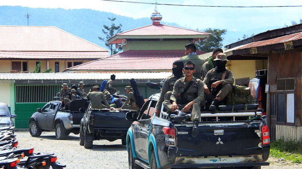 Indonesian Mobile Brigade Police head to Nduga, where 31 construction workers are believed to have been shot dead, from Wamena on December 4, 2018