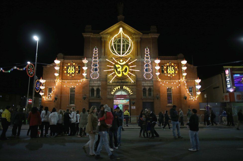 Diwali lights illuminate the Golden Mile as people gather to celebrate the Hindu festival of Diwali on November 11