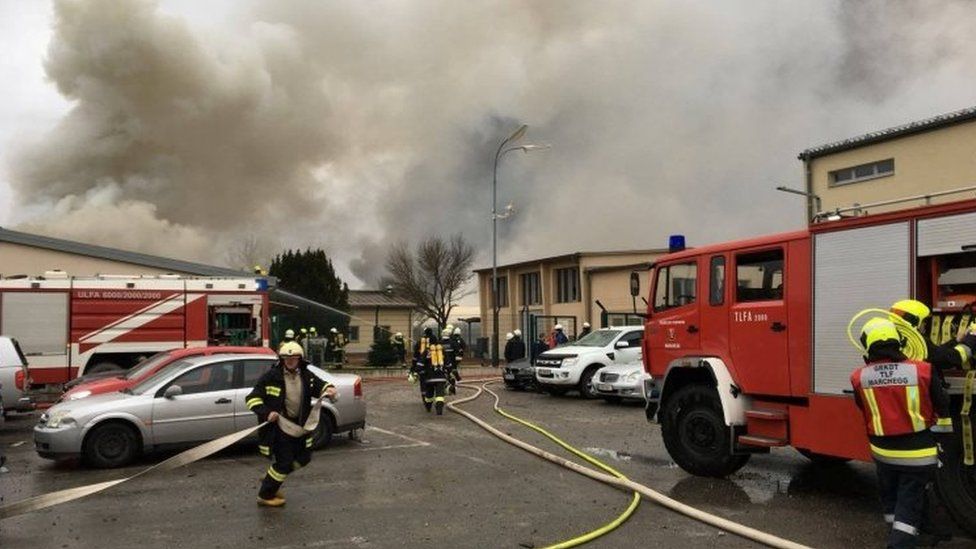 Firefighters tackle the blaze in Baumgarten, Austria. Photo: 12 December 2017