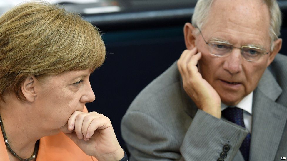 Wolfgang Schaeuble and Chancellor Merkel, 1 Jul 15