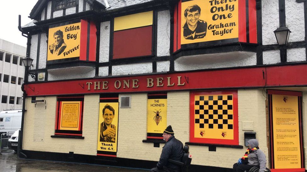 The One Bell pub with poster tributes to Graham Taylor