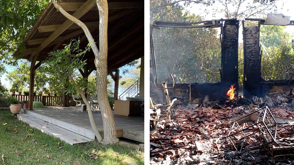 Before and after: kibbutz home burned by Hamas