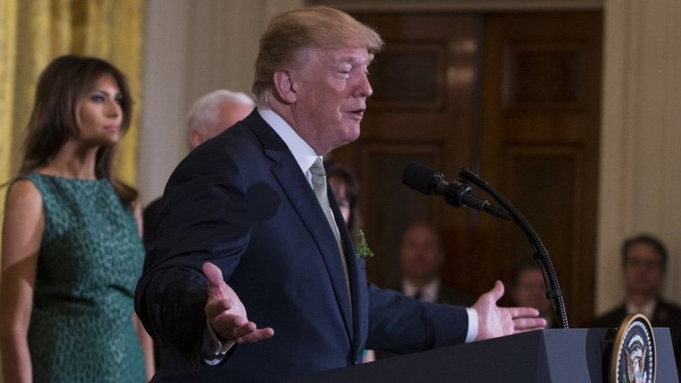 President Donald Trump speaks during the Shamrock Bowl Presentation at the White House on March 15, 2018