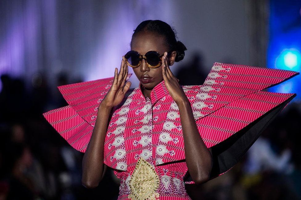 A models seen on the catwalk during Dakar Fashion Week in the Senegalese capital.