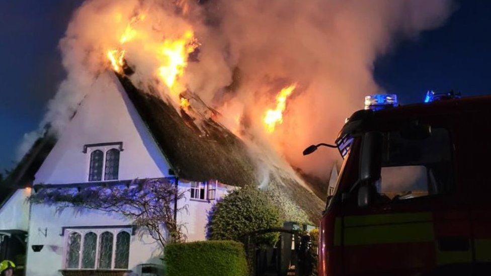 Thatched house on fire near Bury St Edmunds