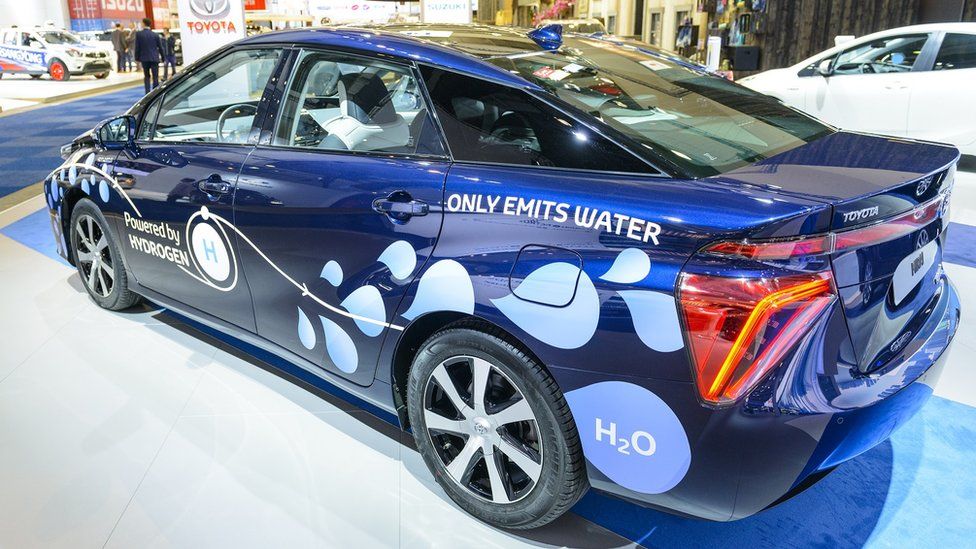 Toyota Mirai hydrogen fuel cell car on display at Brussels Expo on January 13, 2017 in Brussels, Belgium.
