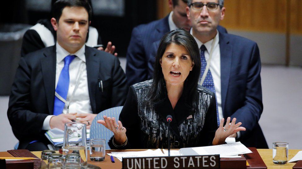 US ambassador to the UN Nikki Haley speaks against a Russian resolution at the UN in New York, November 16, 2017