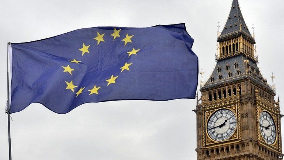 EU flag flying near the Houses of Parliament