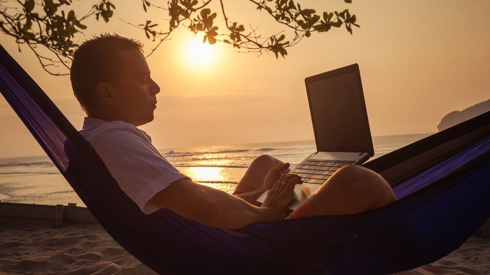 Man in hammock with laptop