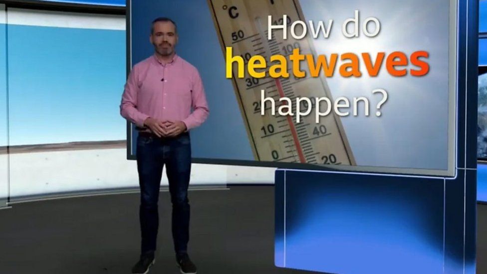 Ben Rich standing in front of a screen with the words 'How do heatwaves happen?' written on it