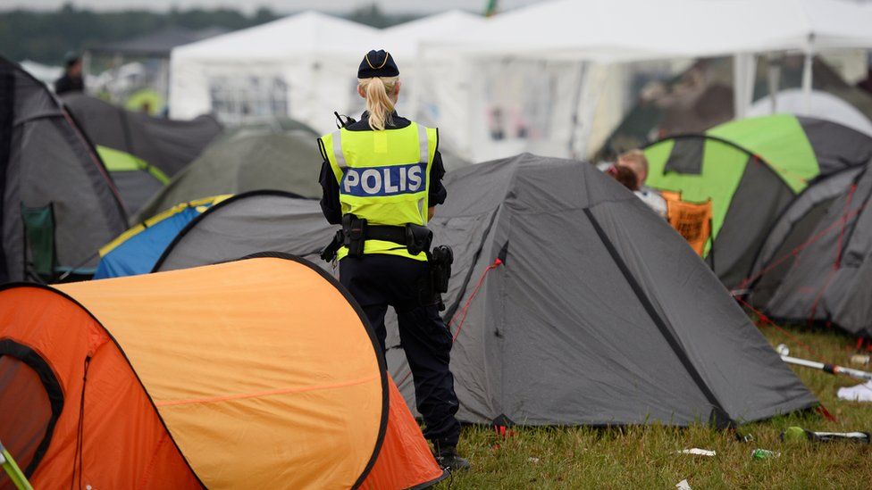 A police officer at the Bravalla Festival campsite in 2016, a year in which five rapes and several sexual assaults were reported