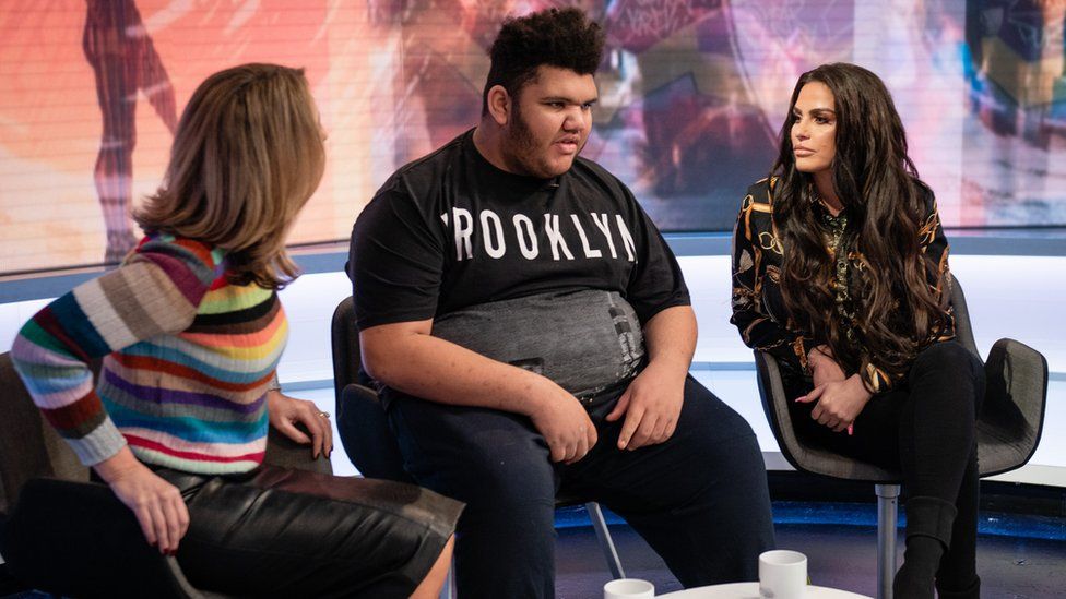 Katie Price with her son Harvey being interviewed by the BBC's Victoria Derbyshire in 2019