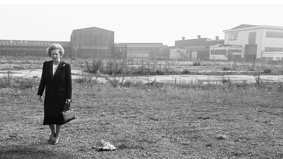 Prime Minister Margaret Thatcher walks round a former industrial site in Middlesbrough in 1987 as she announces projects that she said would provide new jobs