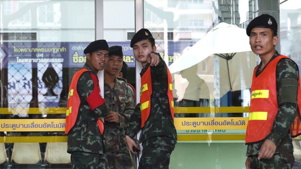 Thai soldiers secure the area as they inspect the scene of a bomb blast at military-owned Phramongkutklao Hospital in Bangkok, Thailand, 22 May 2017