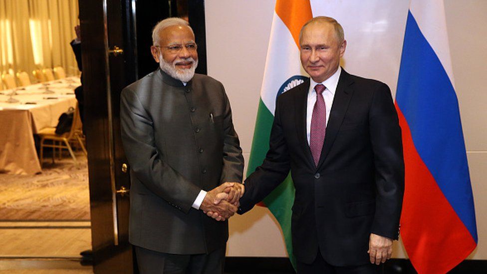 Russian President Vladimir Putin (R) greets Prime Minister Narendra Modi (L) during their bilateral meeting in Bishkek, Kyrgyzstan on June,13,2019