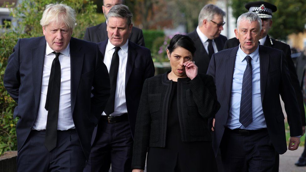 Commons Speaker Sir Lindsay Hoyle joined Prime Minister Boris Johnson, Labour leader Sir Keir Starmer and Home Secretary Priti Patel as they laid floral tributes to Sir David Amess at Belfairs Methodist Church, in Leigh-on-Sea, where he was fatally stabbed.