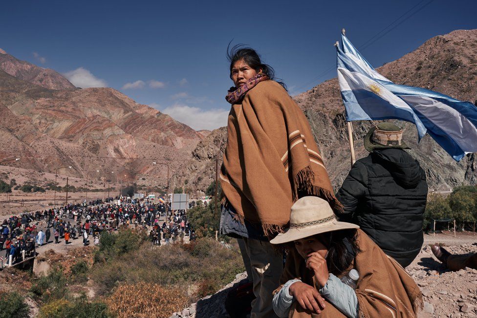 Members of native communities block the road during a demonstration in defence of water and the right over their lands in Purmamarca, Argentina on 20 June 2023