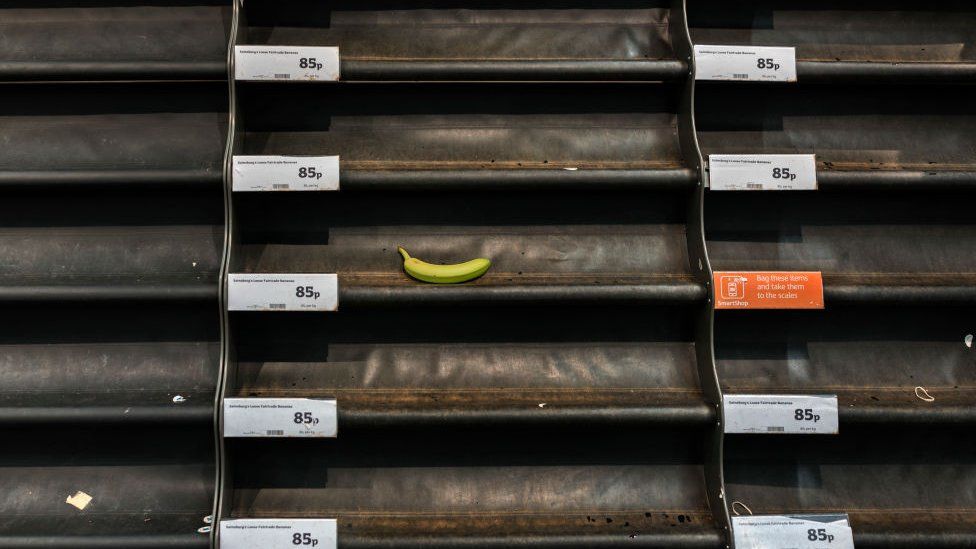 The last banana left on the empty shelves for fruit in a Tesco supermarket on 18th May 2020 in London, United Kingdom. Supermarkets have been working around the clock to keep up with growing customer demands amid the coronavirus crisis. With many Britons rushing to stores to stockpile essential items, supermarkets across the nation have been forced to impose strict rules. (photo by Barry Lewis/In Pictures via Getty Images)