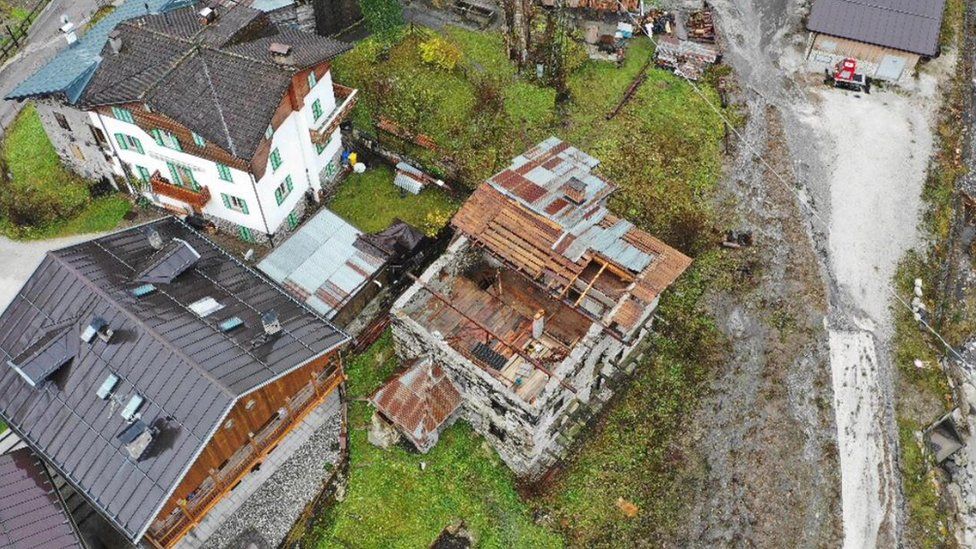 A damaged building caused by severe bad weather in the recent days in the Pettorina Valley, Veneto Region, northern Italy