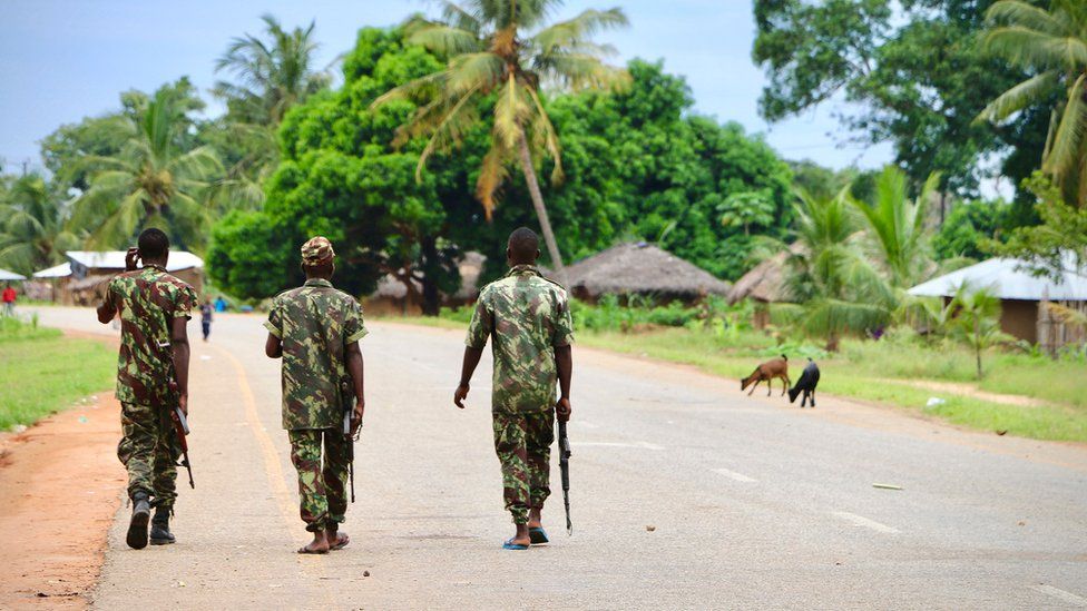 Soldiers from the Mozambican army patrol the streets of Cabo Delgado province