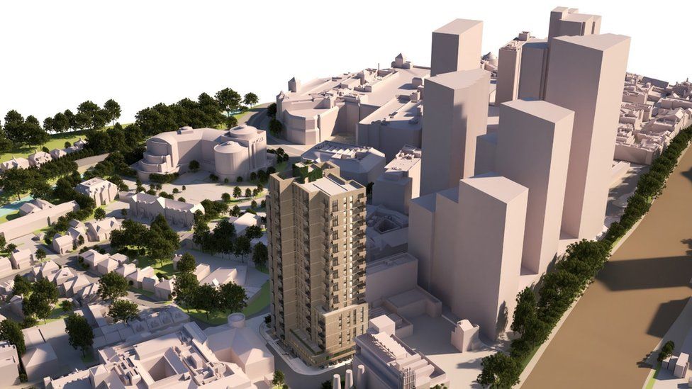 An ariel mock-up of the proposed tower block