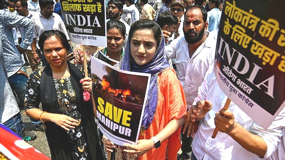Protest in Delhi on 20 July 2023 by members of the Indian Youth Congress against sexual assault of women in Manipur