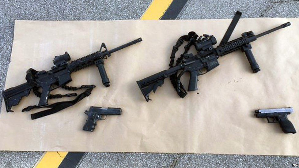 An undated handout picture made available by the San Bernardino County Sheriff on 03 December 2015 shows weapons carried by suspects involved in a mass shooting, at the scene of a shooting with an officer, in San Bernardino, California, USA