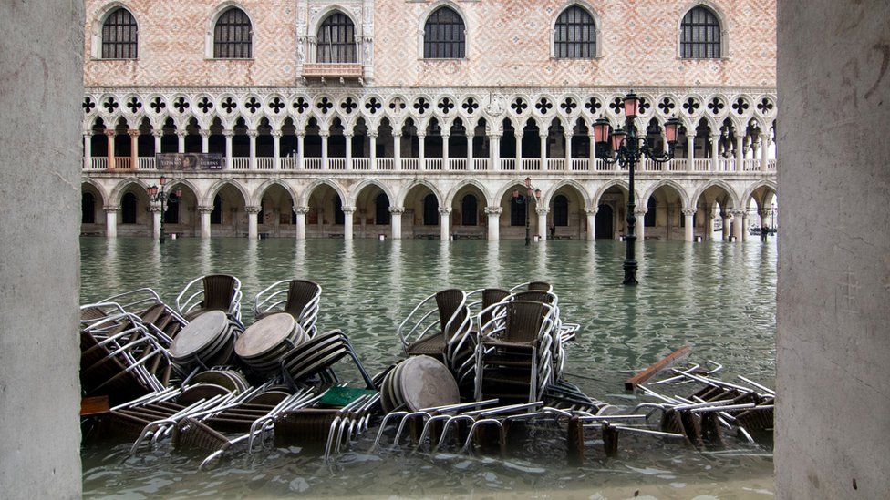 St Mark's Square in Venice covered in water during an exceptional high tide, 13 November 2019