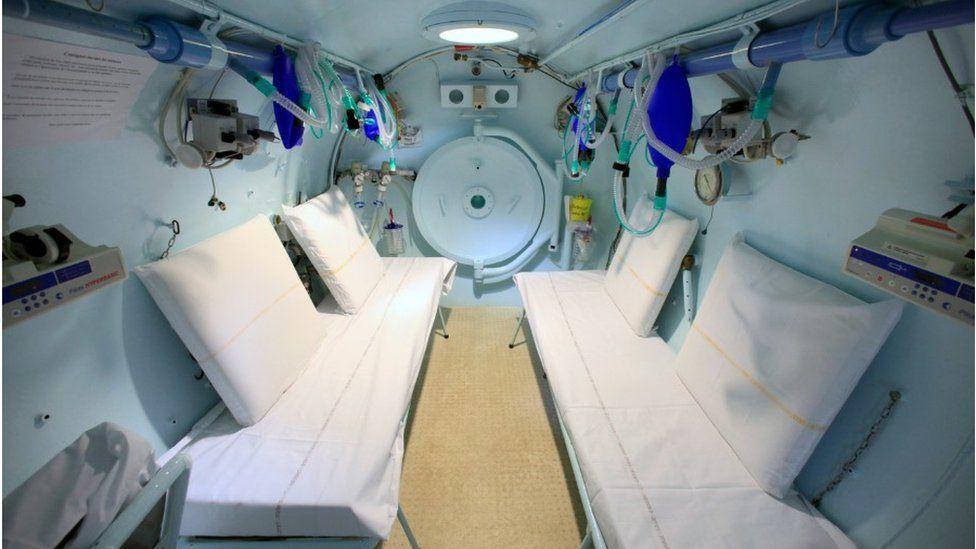 The inside of a hyperbaric chamber