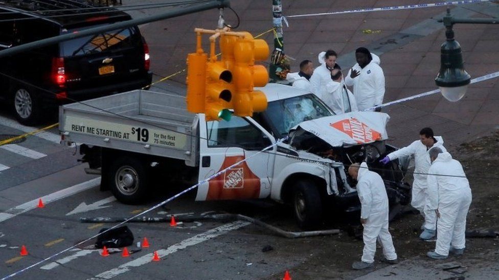 A white pick-up truck mowed down people after entering the West St-Houston St pedestrian-bike path in Lower Manhattan on Tuesday afternoon, the New York Police Department says.