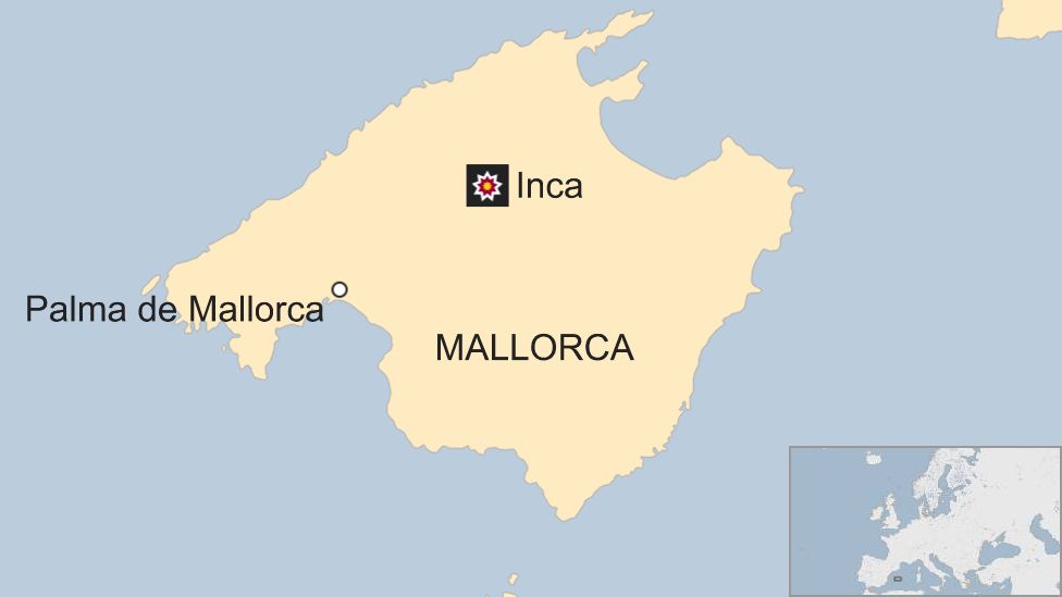 A map shows Inca in relation to local capital Palma on the island of Mallorca, Spain