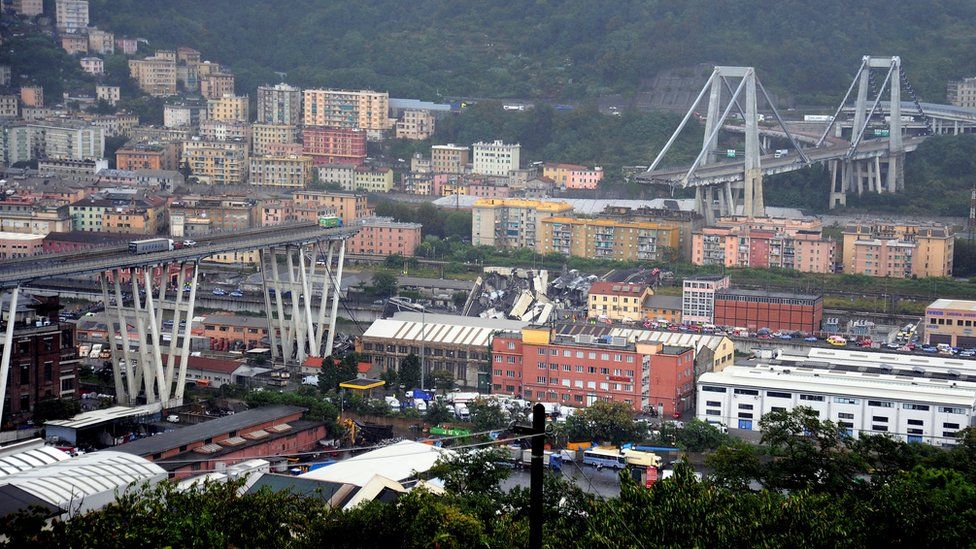 The collapsed Morandi Bridge is seen in the Italian port city of Genoa August 14, 2018