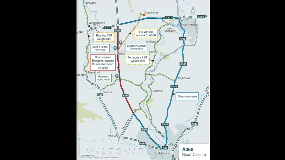 Map showing the routes drivers should take to avoid closures.