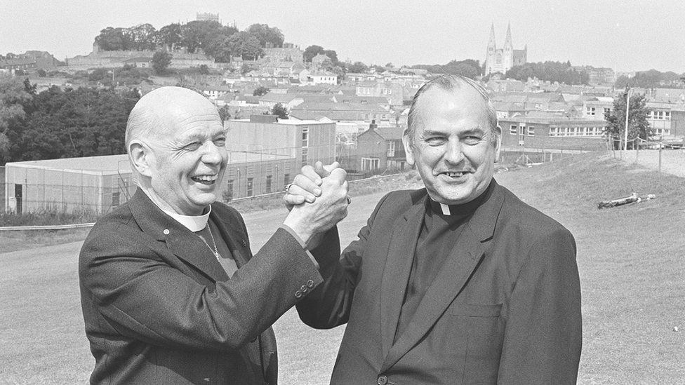 Cardinal Ó Fiaich (right) with his Protestant counterpart, the Church of Ireland Archbishop of Armagh in 1982