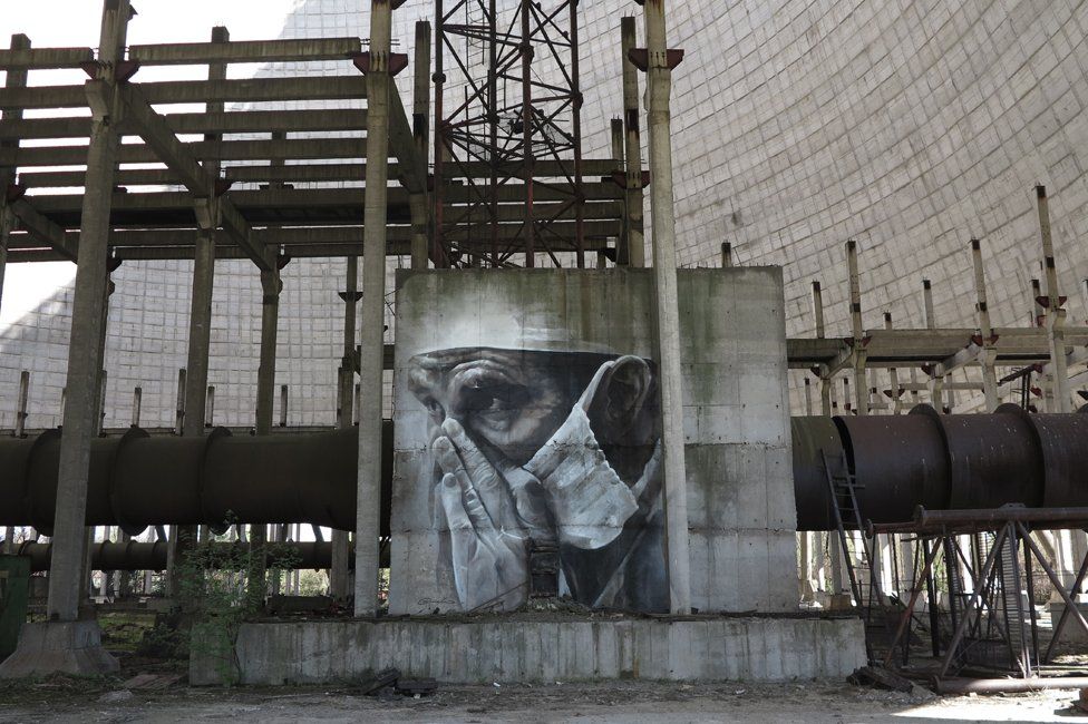 This piece was painted inside an unfinished power generator at Chernobyl to mark the 30th anniversary of the nuclear disaster