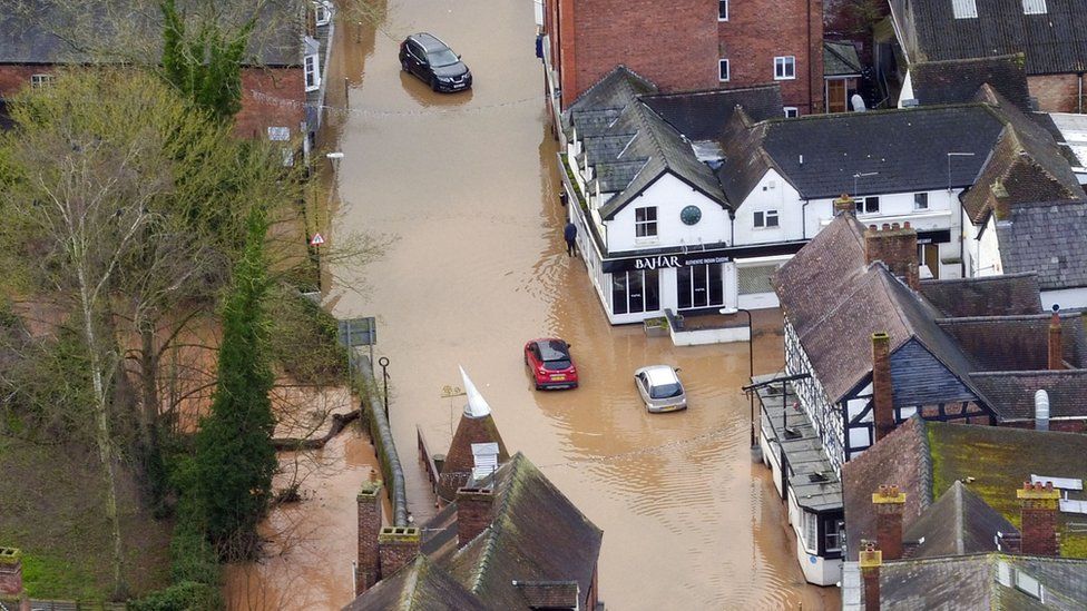 Flood water in Tenbury Wells, Worcestershire after Storm Dennis in February 2020