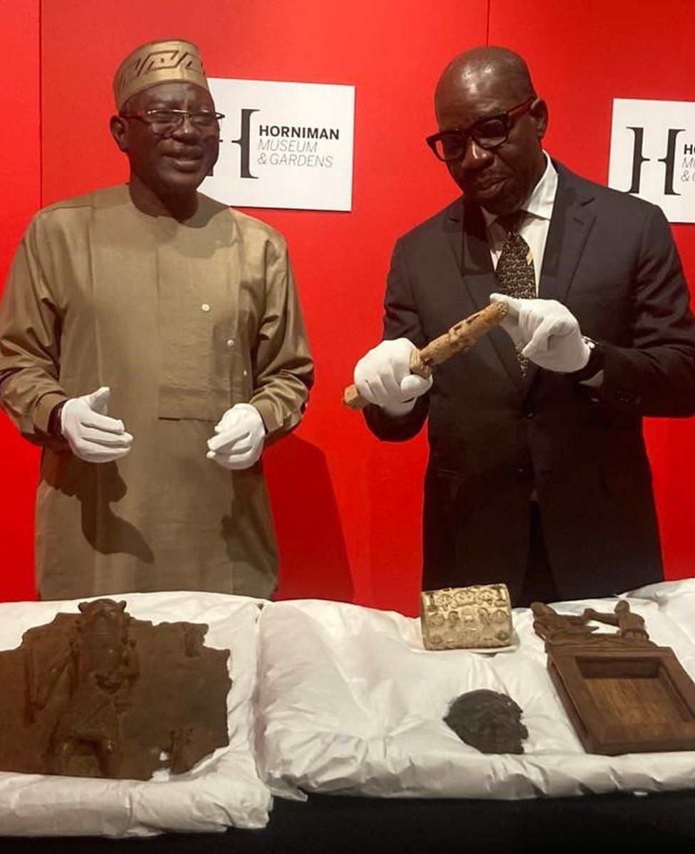 Professor Abba Tijani, head of Nigeria's National Commission for museums and monuments, with Godwin Obaseki, Governor of Edo State
