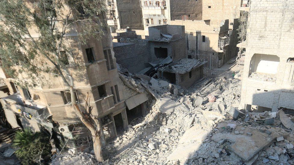 Site of air strike in rebel-held Qaterji district of Aleppo, Syria, where five-year-old Omran Daqneesh was rescued (18 August 2016)