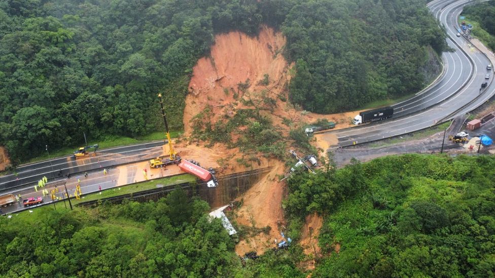 An aerial view of a landslide on the BR-376 federal road after heavy rains in Guaratuba, in Parana state in Brazil