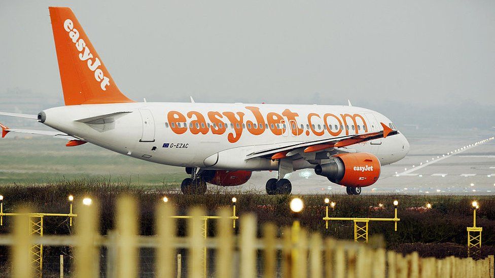 An EasyJet passenger plane taxis to the runway at Gatwick Airport
