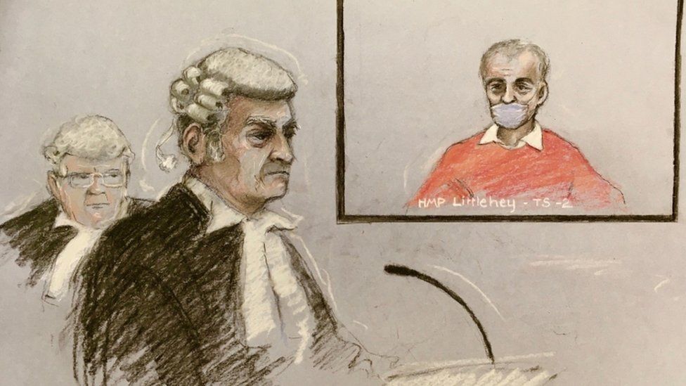 Court artist sketch by Elizabeth Cook of Barry Bennell appearing via video link before Michael Kent QC