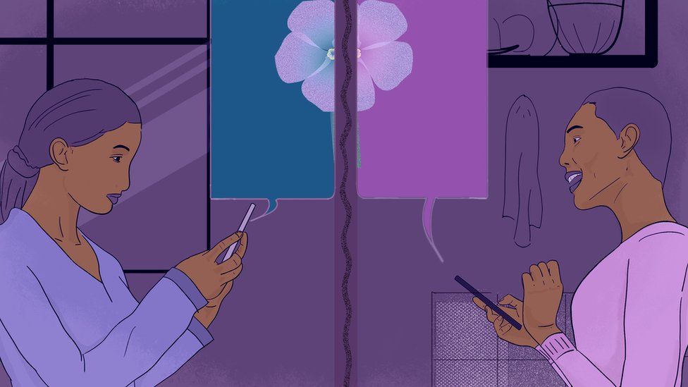 Ilustración de mujeres mandándose mensajes de texto.