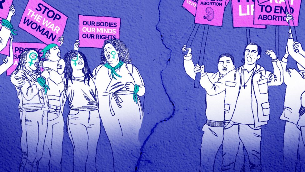An illustration shows anti-abortion protesters holding placards